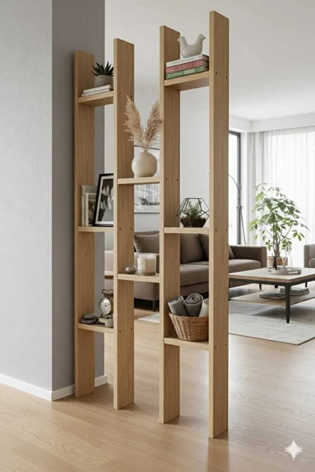 Masif Ahşap Raflı Oda Ayırıcı Seperatör Duvar Dekor Paravan 60x200 cm Boyasız Doğal Ahşap Rengi